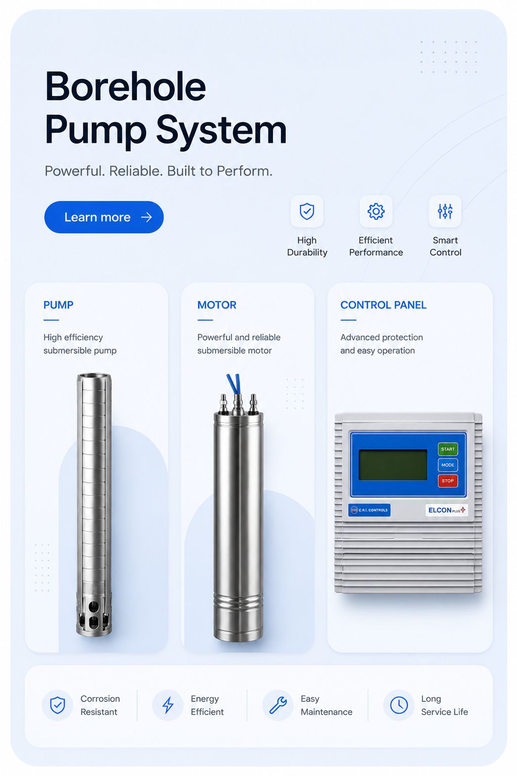 T4 Borehole Pump System — pump, motor and control panel